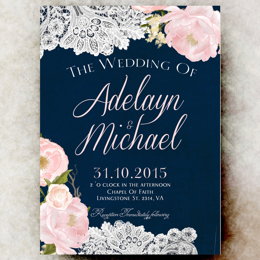 Navy blue Wedding Invitation - Rustic wedding Invitation, Barn Wedding Invitation, Printable wedding Invitation, lace wedding invitation