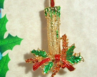 BOOK PIECE Vintage Christmas CANDLE Enamel Holly Pin - Signed Gerry's