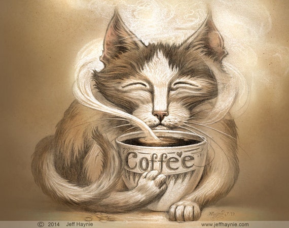 Coffee Cat  11 X 14 Print COFFEE Cat  Painting Java