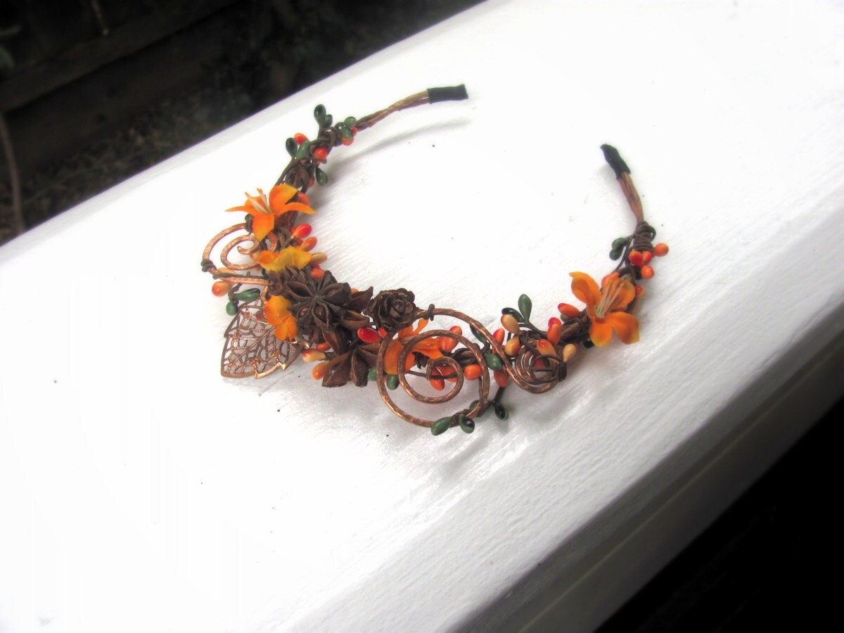 Fall flower headband orange berry pips hammered by BouquetLane