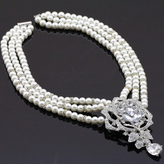 Brooch necklacebridal pearl necklacerhinestone flower by PearlOnly