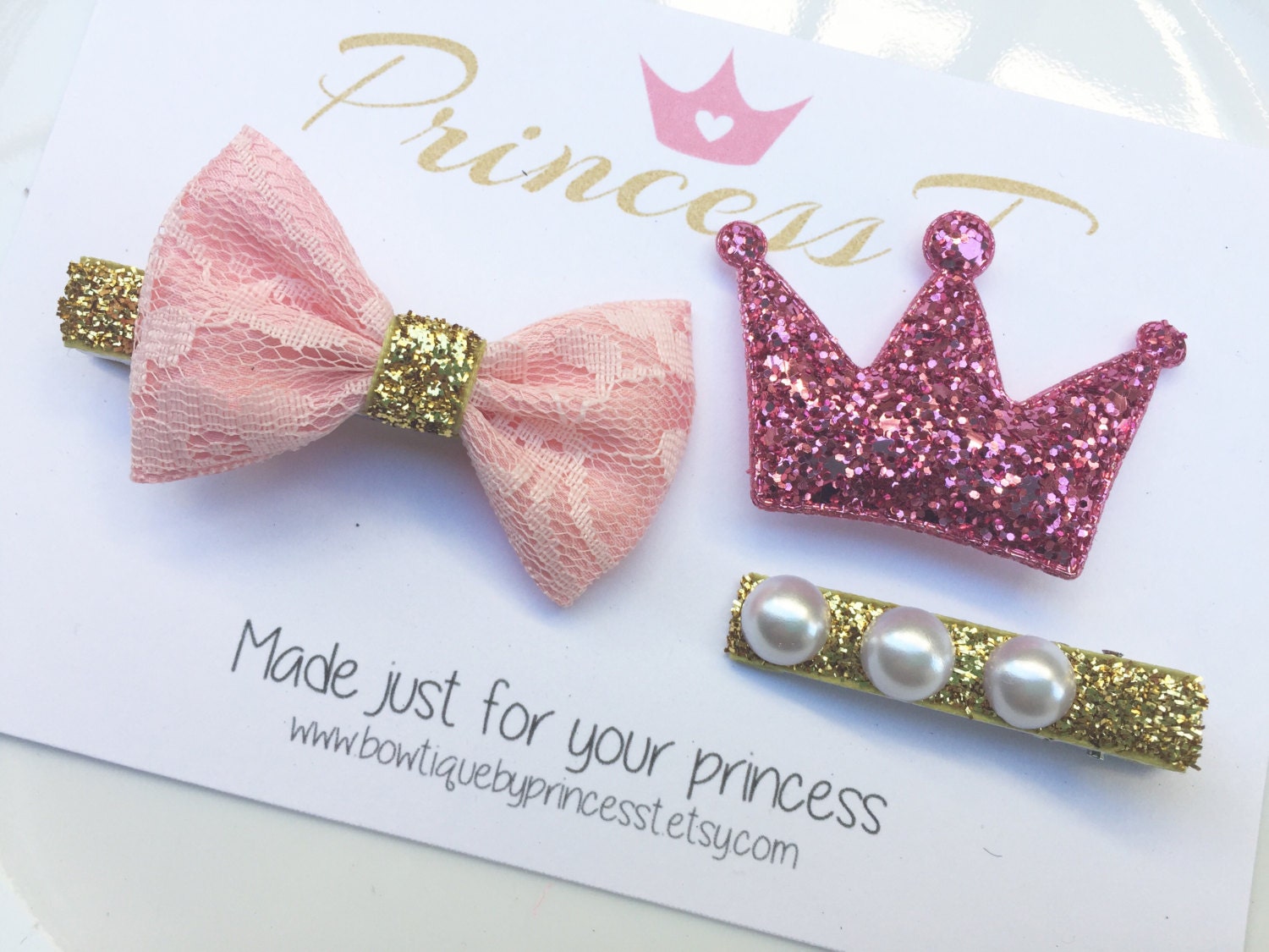 Pink Bow and Crown Hair Clip Set Baby Glam by BowtiquebyprincessT