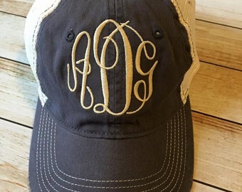 Monogram Trucker Hat Distressed Gray, Ladies Cap Mesh back, snap closure