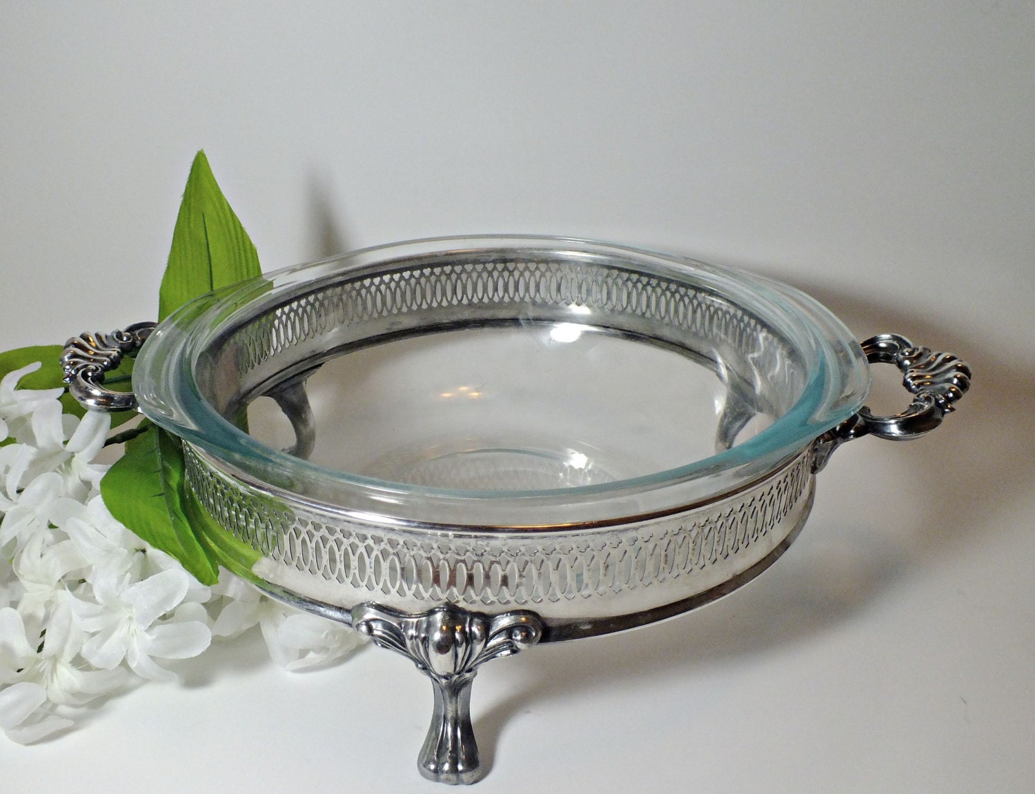 Vintage Round Silver Plate Buffet Stand Pierced Metal Sides Glass