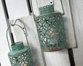 Shabby Chic Turquoise Lantern Pair (2) on a whitewashed wood board,home décor,metal lantern,bathroom,wall hanging,kitchen,hanging lanterns Shabby Chic Turquoise Lantern Pair (2) on a whitewashed wood board,home décor,metal lantern,bathroom,wall hanging,kitchen,hanging lanterns