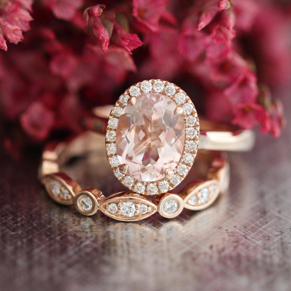 Rose Gold Diamond Morganite Wedding Ring Set in by LaMoreDesign