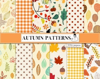Autumn digital paper : "Autumn Patterns" fall digital papers with leaves and acorns / orange and yellow digital papers / Halloween
