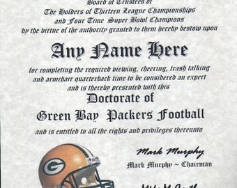 Green Bay Packers ~ football fan ~certificate ~ diploma ~gift ~sign ~ man cave ~ office ~ dorm