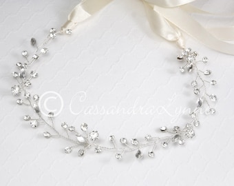 Wedding Headband Hair Vine Silver Forehead Bridal Headpiece Ivory Ribbon Jewelry