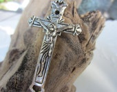 Men's Antique Silver Crucifix Italian Ball Chain Necklace, Catholic Religious Necklace, Men's Everyday Crucifix Stainless Steel Necklace