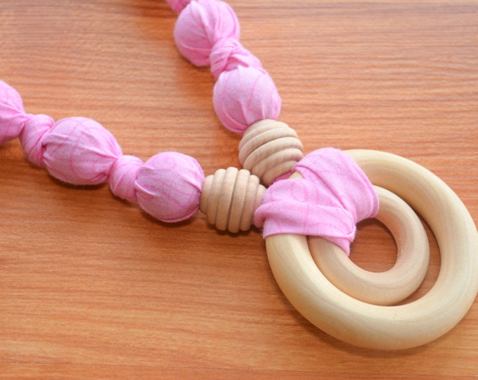Breastfeeding Nursing Necklace, Teething Necklace, Babywearing Necklace, Fabric Necklace, Baby Shower Gift - Double Ring - Pink Heart Swirls