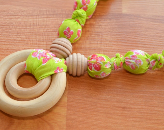Breastfeeding Nursing Necklace, Teething Necklace, Babywearing Necklace, Fabric Necklace, Baby Shower Gift - Double Ring - Cherry Blossoms