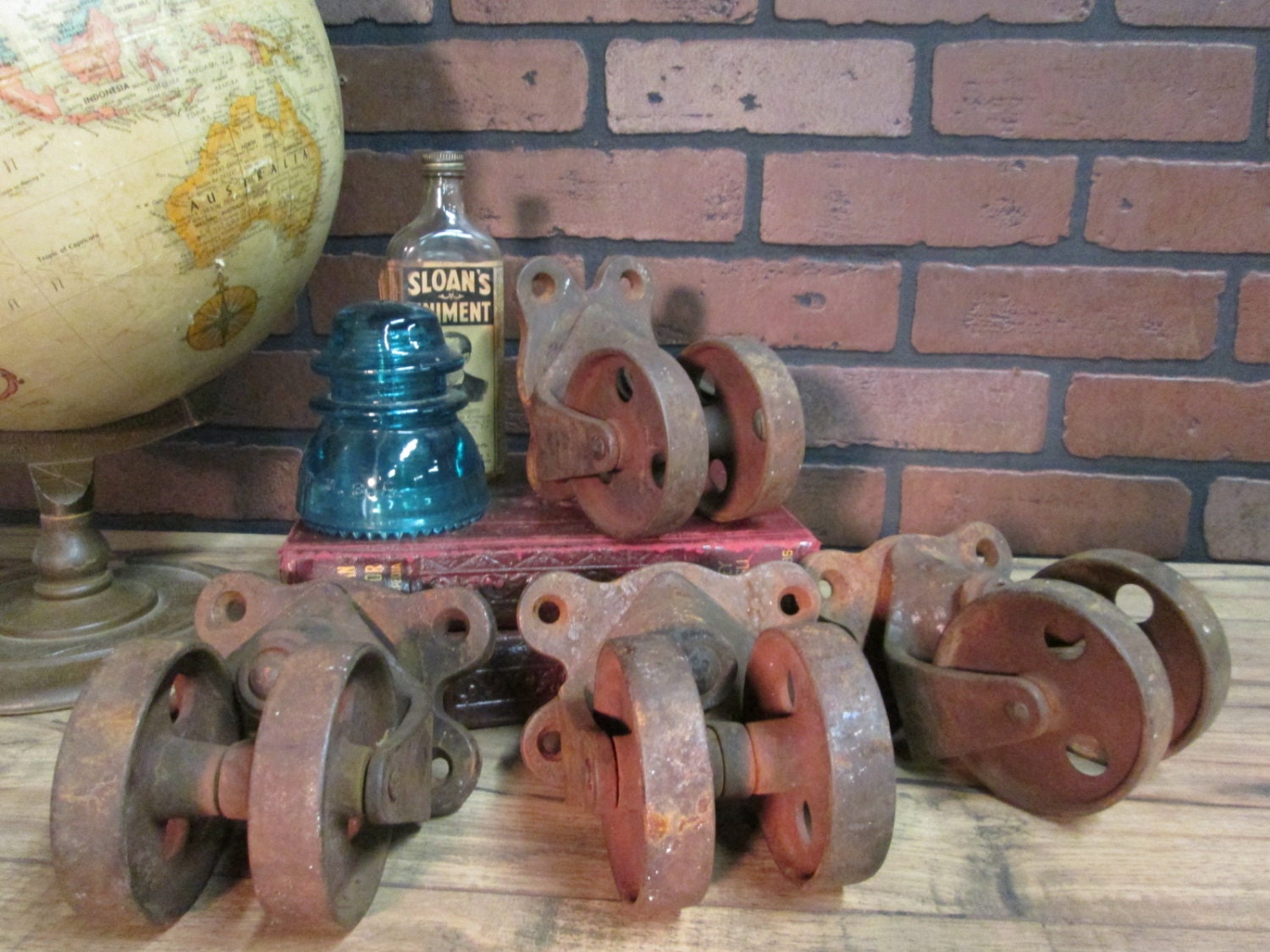 Antique Vintage Industrial Double Wheel CastersSwivel Cast Iron 11 Set of Four Casters 4 1/2