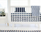 Baby Boy Navy Tribal Baby Bedding | Navy Blue & White | Navy and White Stripe Crib Sheet | Tribal