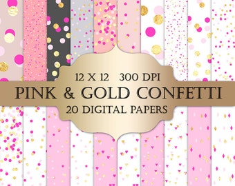 Valentines Confetti Digital Paper - gold foil confetti, pink & gold, polka dot, hearts, triangles confetti glitter printable backgrounds