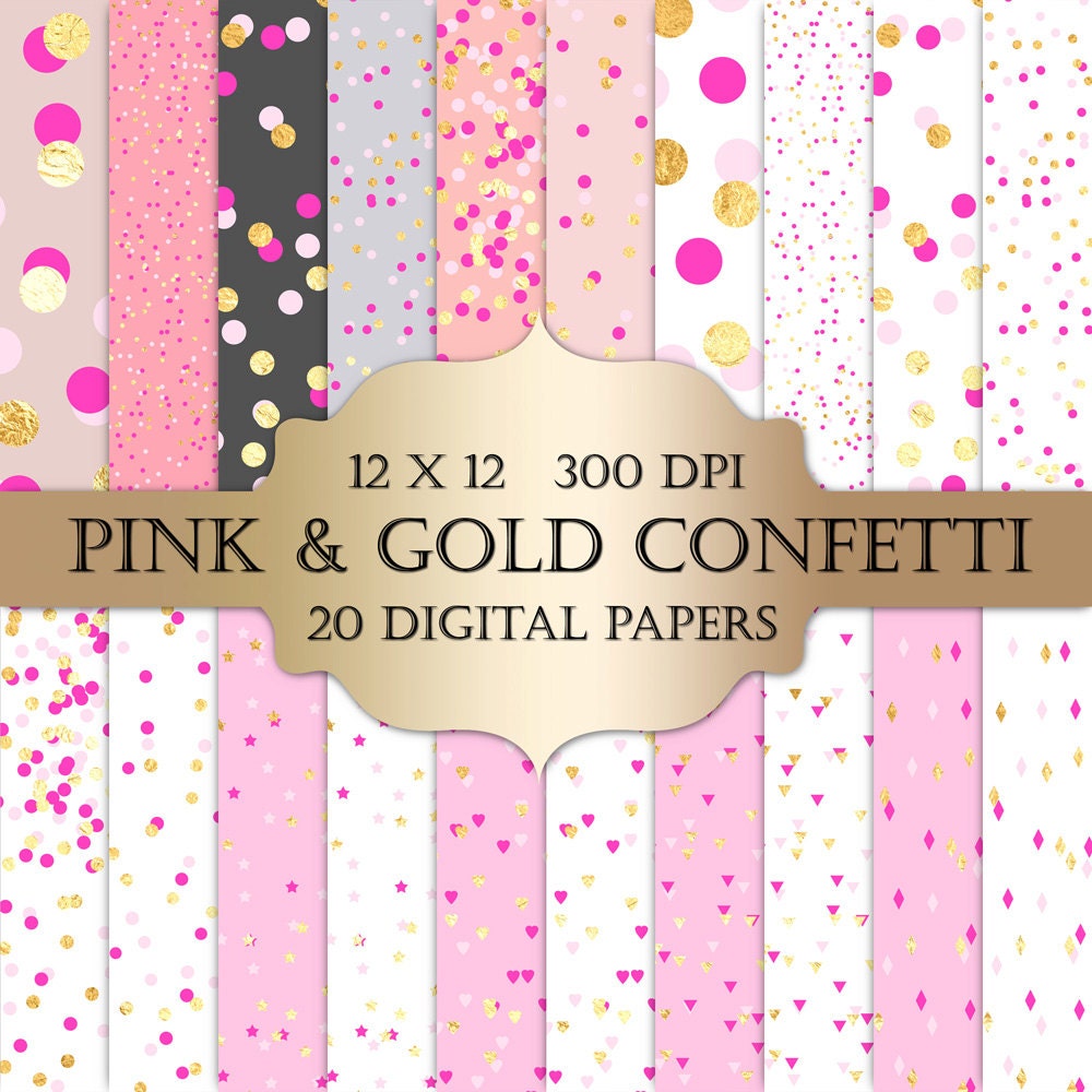 Valentines Confetti Digital Paper gold foil confetti pink