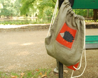 Hedgehog Natural Linen Drawstring Bag -Personalized Toddler Backpack -Christening Gift-Baby Shower-Personalized Baby Gift