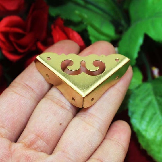4 Brass Corner Caps Vintage Cover Protection Yellow Box 3