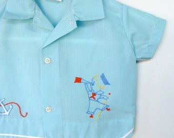 Vintage 70's Infant Boys Blue Sailor Boy Diaper Shirt 0-3 Months