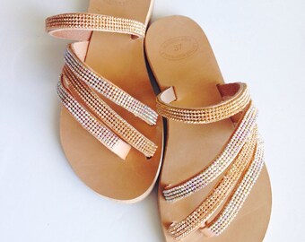 Gold strass leather sandals