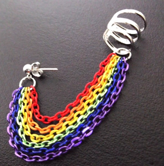 Rainbow Gay Pride chained ear cuff earring