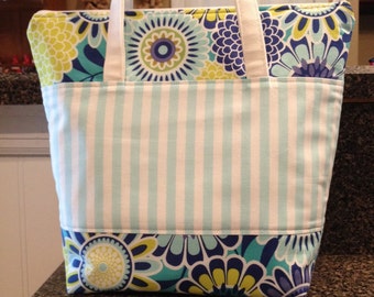 Insulated lunch bag lunch tote aqua and blue flowers and stripes