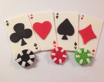 12 Edible Fondant Playing Cards/Poker Chips Inspired Cupcake Toppers