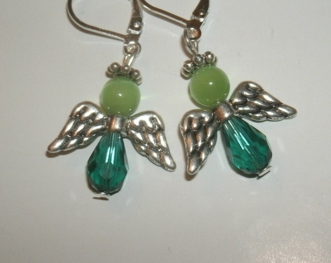 Green Angel Earrings - teal/green, Swarovski Crystal teardrops, cats eye beads, silver plated halos & wings, leverback, gift for her, faith