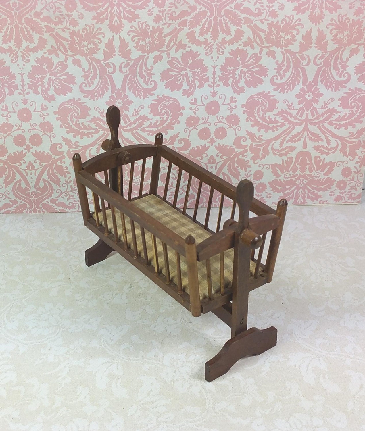 MINIATURE BABY CRADLE, 1970’s, Wood, Spindle Sided 