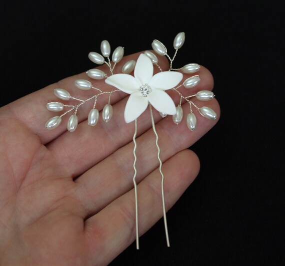White Jasmine Flower Accessories Hair pin by NikushJewelryArt