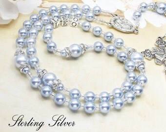 Baby Boy Baptism Rosary Personalized Rosary Sterling 925 Silver Letters & Swarovski Pale Blue Pearls Boy Baptism Gift Catholic Baptism Gift