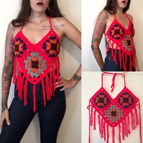 Items similar to 70's inspired crochet red fringe granny square halter