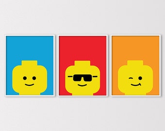 Lego Art, Lego Prints, Lego Decor, Custom Lego Wall Art, Lego Birthday Printables, Minimal Lego Faces, Lego Nursery Art, Digital Download