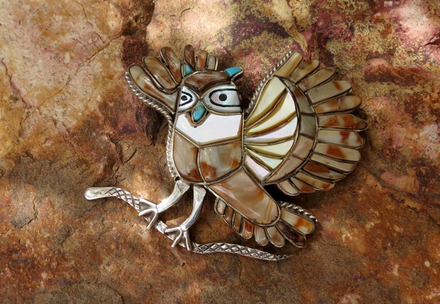 VINTAGE ZUNI OWL Pendant Inlay Handmade Stamped