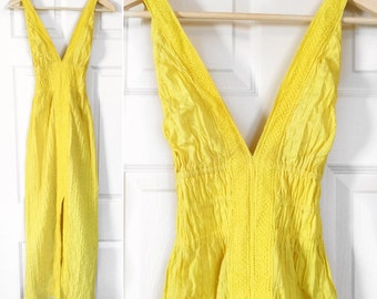 Vintage SUNSHINE Yellow Jumper Slim Maxi Dress w/ Front Slit & Versatile Adjustable Straps Elastic Waist OOAK 60s 70s