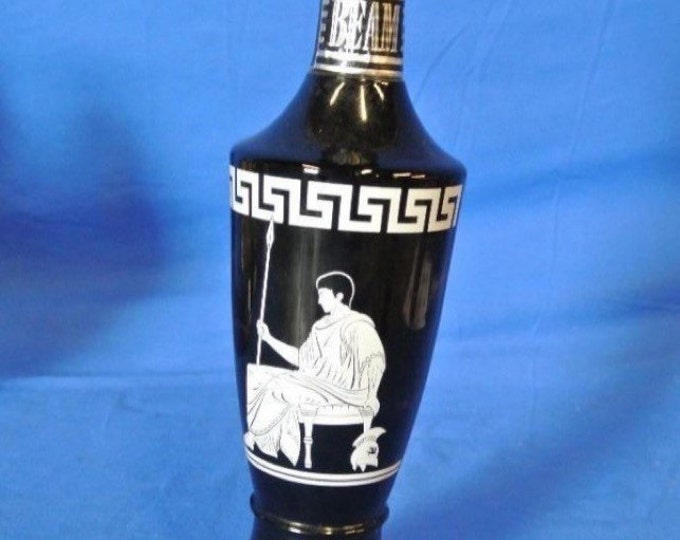 Storewide 25% Off SALE Vintage Original Jim Beam Liquor Decanter Featuring Black Base Tone With White Greek Images and Designs