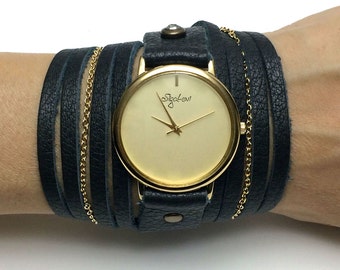 Black Wrap Watch-Women Watches-Wrap Watch-Wrap Around Watch-Womens Watch-Wrap Watches-Women's watches-Leather Cuff Watch,Bracelet watches