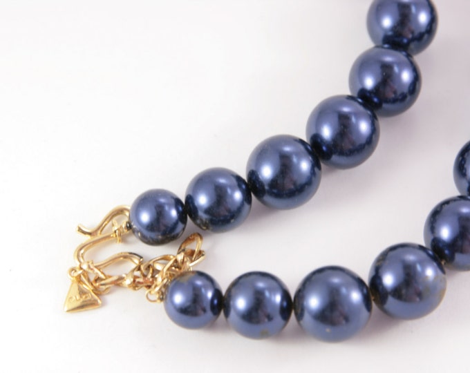 Blue Pearl Necklace Choker Pearl Imitation Necklace Designer Marked LCI for Liz Claiborne 1970s Costume Jewelry Beads