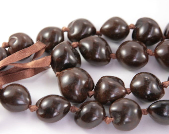 Boho Long Chocolate Chestnut Beaded Summer Necklace Large Beads Two Rows of Nuts Necklace