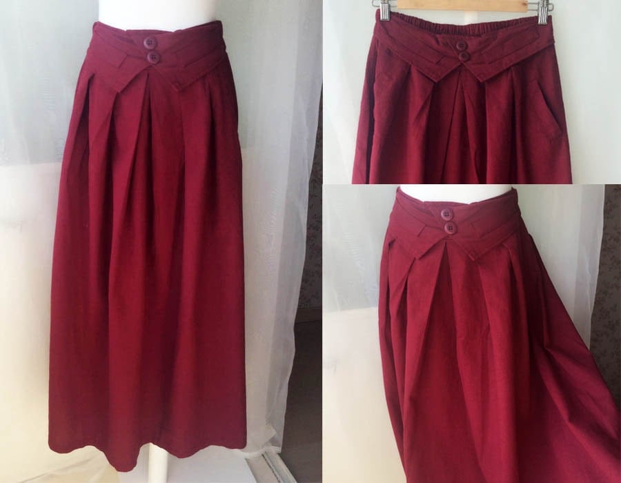 Women Burgundy Long Skirts. Linen Skirts. Pleated Skirts. Plus Size