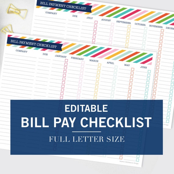 Editable Monthly Bill Pay Checklist Printable Binder Print