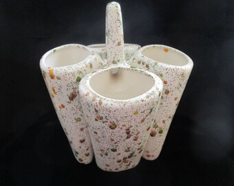 Vintage Splatterware Spongeware Four Sectioned Vase with Handle Artist Gerda Fall Colored Greens Browns Oranges
