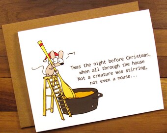 Funny Christmas Card - Christmas Card - Funny Holiday Card - Twas the Night Before Christmas - Not a creature was stirring not even a mouse
