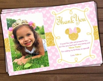 Minnie Mouse Thank You Card, Minnie Mouse Pink and Gold Thank You Card