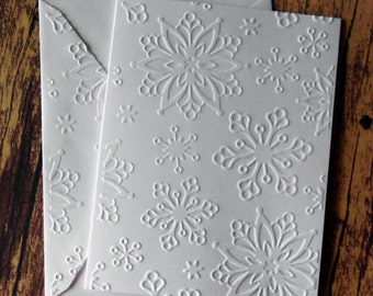 5 Large Snowflake Embossed Cards, White Embossed Christmas Card Set, White Embossed Snowflake Cards, Winter Note Cards, Winter Stationery