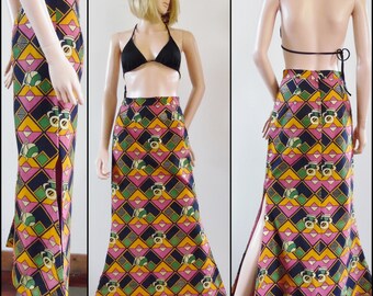 Vtg womans african print maxi mermaid shape skirt orange black green small 26" waist