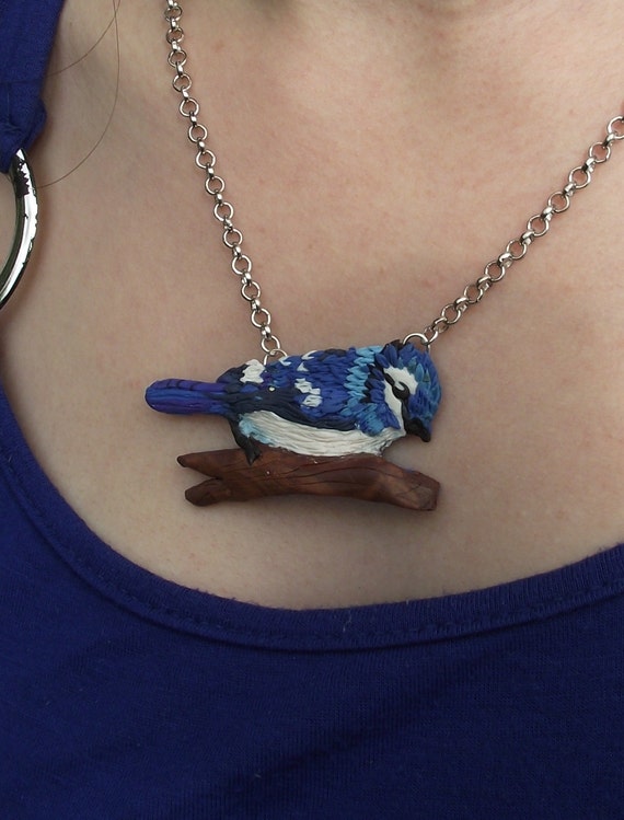 Blue jay necklace Bird polymer clay jewellery Countyside art jewellery Countryside handmade polymer clay pendant Pool of gems jewellery UK