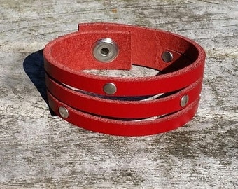 Red leather bracelet, studded leather cuff
