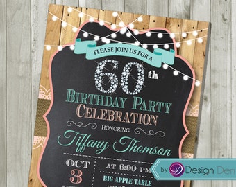 Women 60th Birthday Invitation. Country Chic style. Diamond, String light, Chalkboard. 30th 40th 50th 60th any age. Printable. #A1051