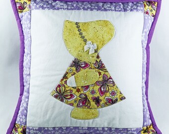 Girl Throw Pillow, Nursery Pillow, Purple Yellow, Decorator Pillow, Quilted Pillow Cover, Shabby Chic Pillow, 14 x 14 Pillow Sham